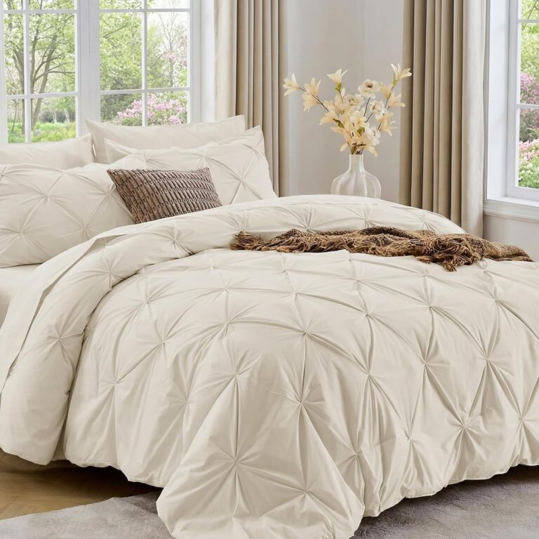 Sasttie Queen Comforter Set, 7-Piece Bed in a Bag, Pintuck Bedding Sets for All Season, Includes Comforter, Flat Sheet, Fitted Sheet, Pillowcases and Pillowshams, Beige