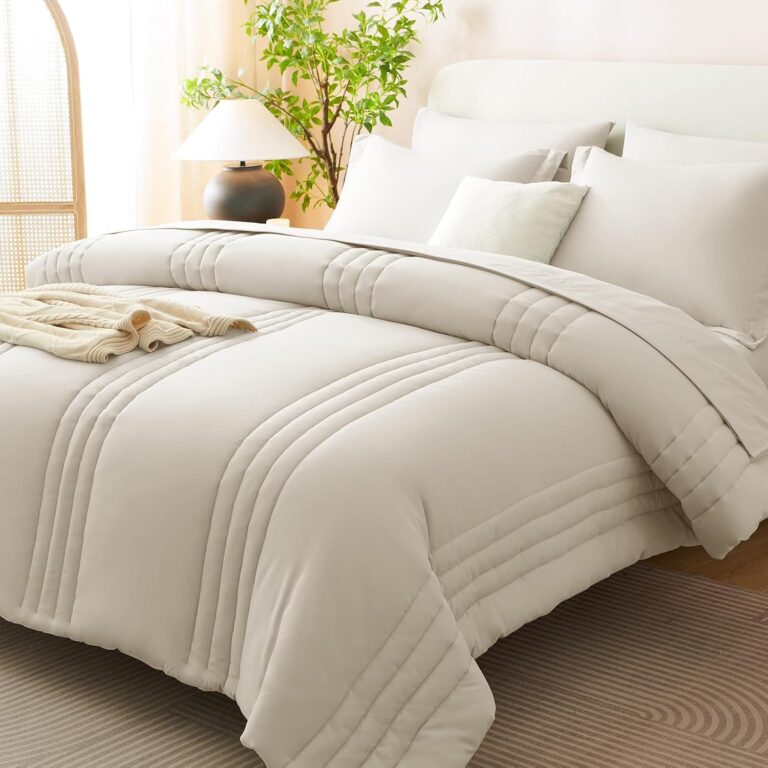 CozyLux Queen Comforter Set Beige – 7 Pieces Vertical Quilted Bed in a Bag